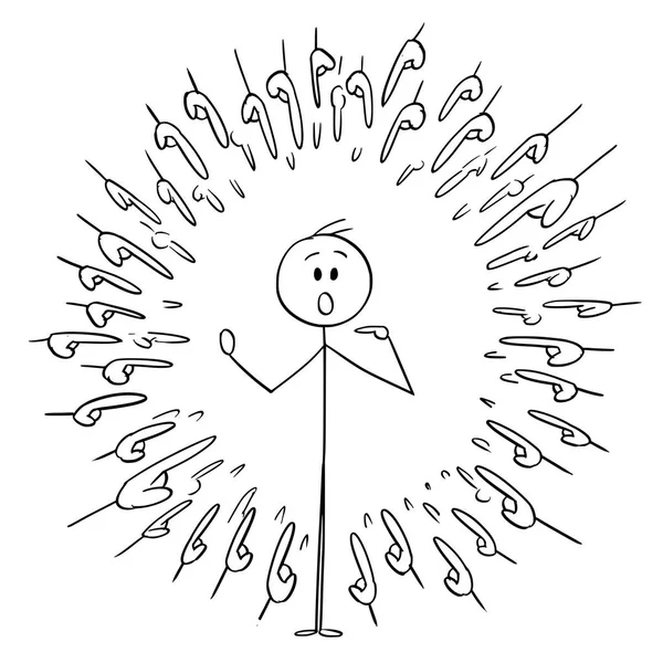 Мультфильм о человеке и множестве рук, указывающих на него, отбирающих или обвиняющих — стоковый вектор