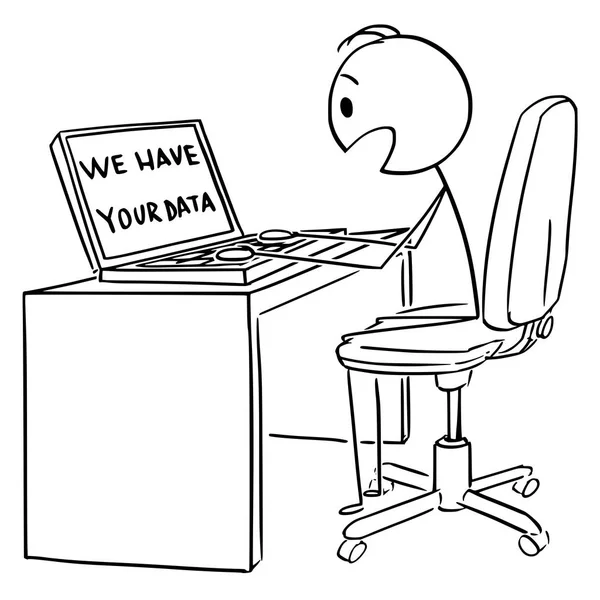 Vektor-Karikatur eines schockierten Mannes oder Geschäftsmannes, der am Computer oder Laptop arbeitet und sich Ihre Datennachricht ansieht — Stockvektor
