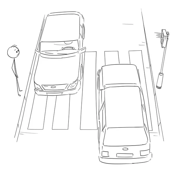 Karikatyr av man väntar på övergångsställe eller crosswalk för grönt ljus på stoppljus, bilar passerar — Stock vektor
