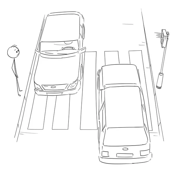 Dibujos animados del hombre que espera en el cruce peatonal o el cruce para la luz verde en los semáforos, coches que pasan — Archivo Imágenes Vectoriales