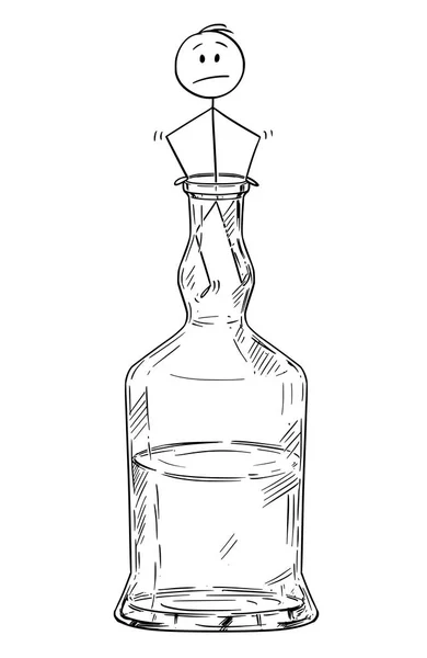 Desenhos animados do vetor do homem que escala para fora do licor duro ou do pescoço da garrafa dos espíritos — Vetor de Stock