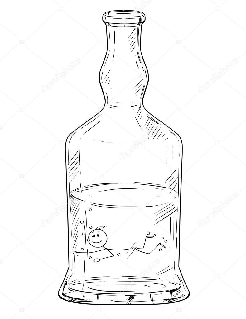 Vector Cartoon of Man Swimming in Hard Liquor or Spirits Bottle. Alcoholism Metaphor