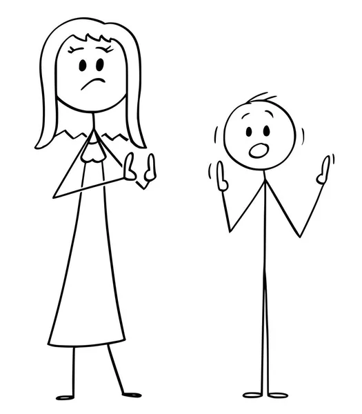 Векторная карикатура недовольства или несчастливая женщина показывает что-то слишком маленький размер Жест, мужчина показывает больше, возможно, пенис — стоковый вектор