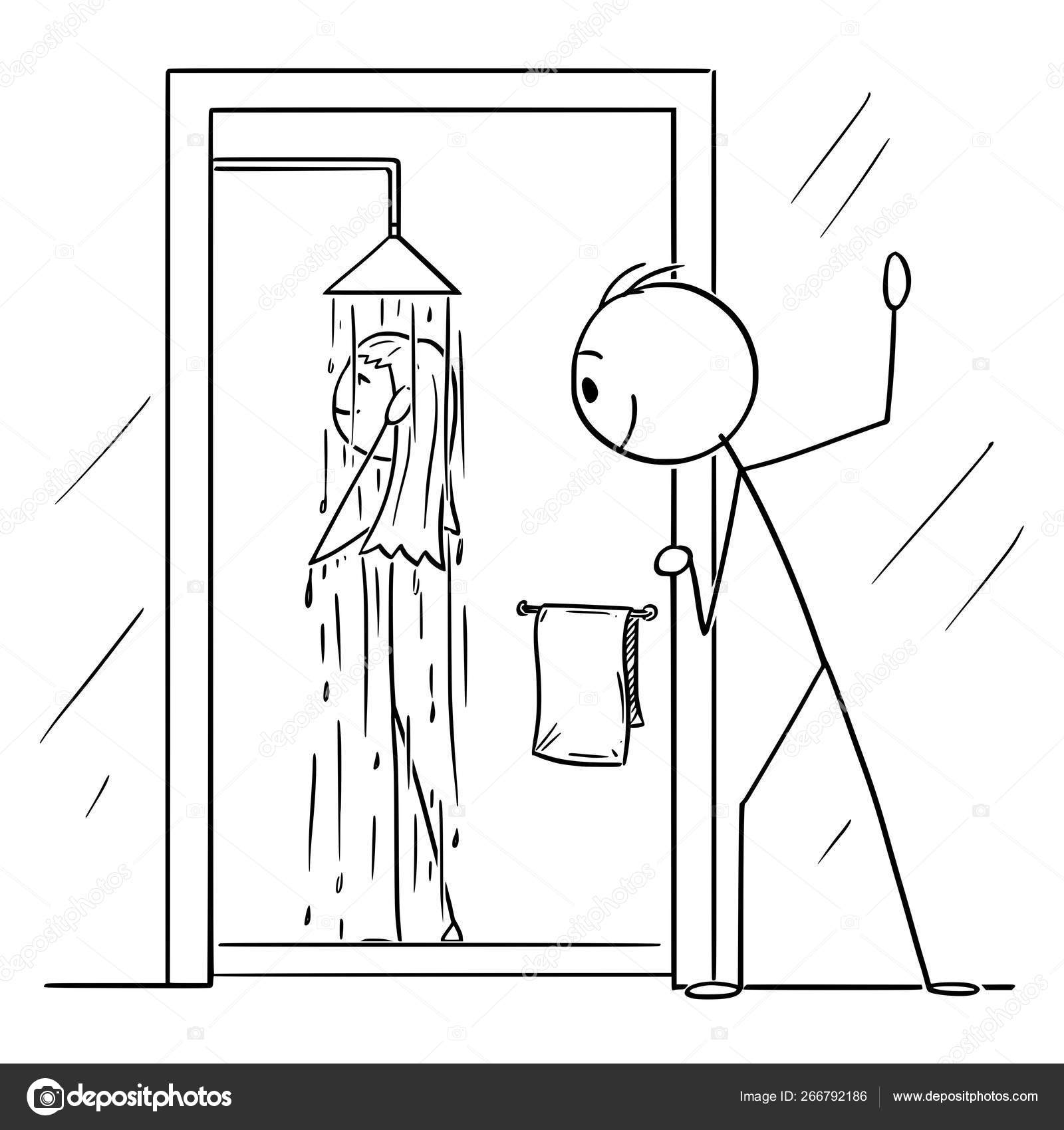 Vector Cartoon of Curious Man or Voyeur Watching Naked Woman Taking Shower in Bathroom Stock Vector by ©ursus@zdeneksasek 266792186 image picture