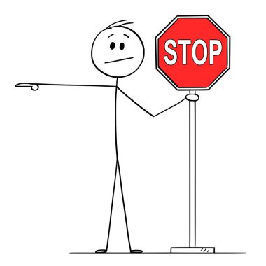 Vektör Karikatür Adam veya İşadamı Tutan Kırmızı Stop İşareti ve İşaret