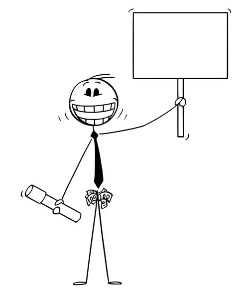Vektor-Karikatur eines erfolgreichen lächelnden Mannes oder Geschäftsmannes mit Geld und Universitätsdiplom oder Abschluss mit leerem Schild — Stockvektor