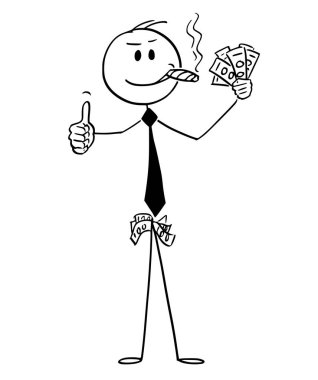 Kendinden Emin Adam veya İşadamı Nın Vektör Karikatürü Sigara Büyük Puro ve Nakit Para Gülümseyerek ve Thumbs-Up Gösteren
