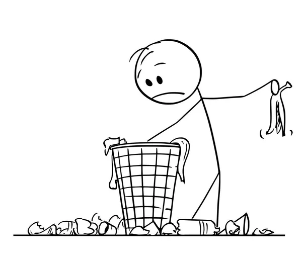 Vector cartoon van man of zakenman zoeken iets in schroot mand of vuilnisbak — Stockvector