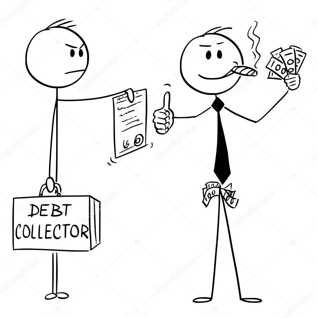 Vector Cartoon of Confident Successful Businessman Smoking Cigar and Showing Cash Money while Debt Collector is Requesting to Pay Bills or Foreclosing Property
