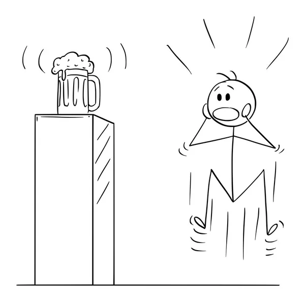 Kreslený vektor šíleného, divokého nebo šíleného muže který se dívá na pivní půllitr, půl litru nebo litr nebo pint nebo hrnek na piedestalu — Stockový vektor