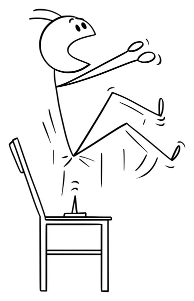 Dibujos animados vectoriales del hombre que se sienta en el pulgar o el pasador de dibujo colocado en la silla — Vector de stock