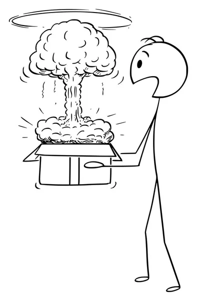 カートンや段ボールの紙箱を開けた男のベクトル漫画と小型核爆発がコンテナから来ている — ストックベクタ