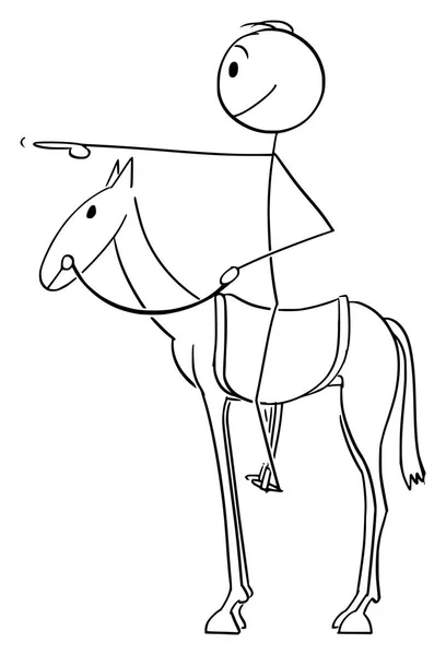Desenhos animados vetoriais de homem ou empresário sentado ou montando a cavalo e apontando para a frente com o dedo — Vetor de Stock