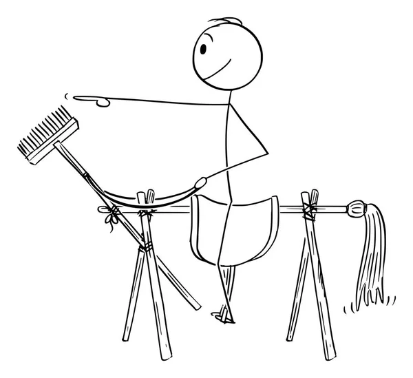 Caricatura vectorial del hombre o del hombre de negocios sentado en una silla colocada en un caballo falso hecho de escobas — Vector de stock
