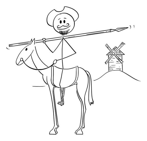 Vector Cartoon illusztráció a Knight on Horse-Don Quijote, karakter a zseniális Gentleman Sir Quixote La Mancha, írta Miguel de Cervantes — Stock Vector