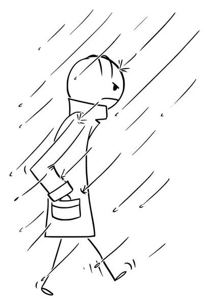 Dibujos animados vectoriales del hombre que camina en lluvia pesada envuelto y usando abrigo, abrigo, abrigo, impermeable o Greatcoat — Vector de stock