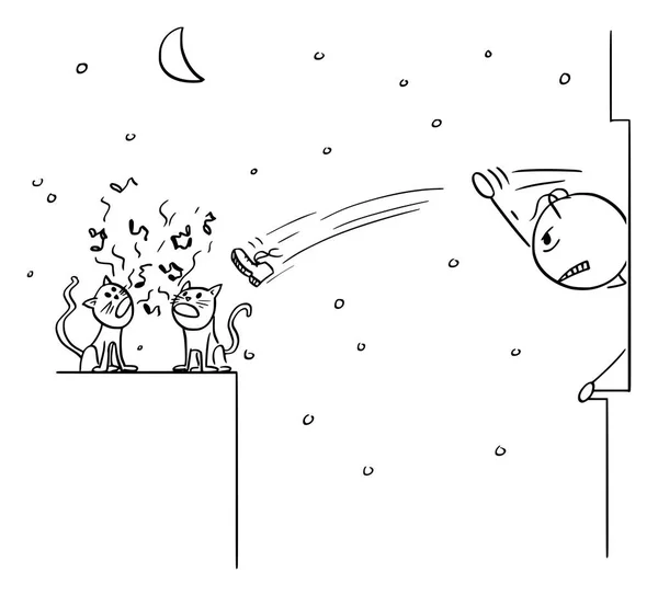 Caricature vectorielle de chats criant la nuit et réveillant un homme en colère jetant une chaussure par la fenêtre — Image vectorielle