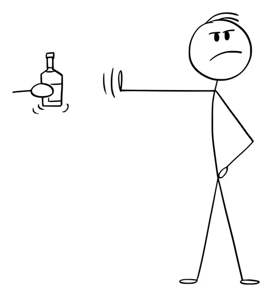 Vector Cartoon of High-principle or Principled Man Rejecting Bottle of Alcohol or Hard Liquor — стоковый вектор