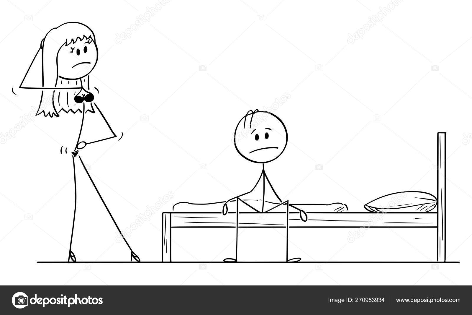 Vector Cartoon of Impotent Man Sitting Frustrated on Bed while Sexy Woman or His Wife in Lingerie is Offering Him Sexual Intercourse or Sex Stock Vector by ©ursus@zdeneksasek 270953934