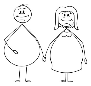 Obez veya Kilolu Heteroseksüel Çift Erkek ve Kadın El Ele Vektör Karikatür