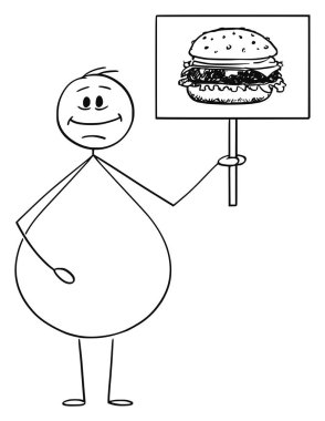 Hamburger veya Burger Image ile Smile Obez veya Kilolu Adam Holding İşaret Vektör Karikatür