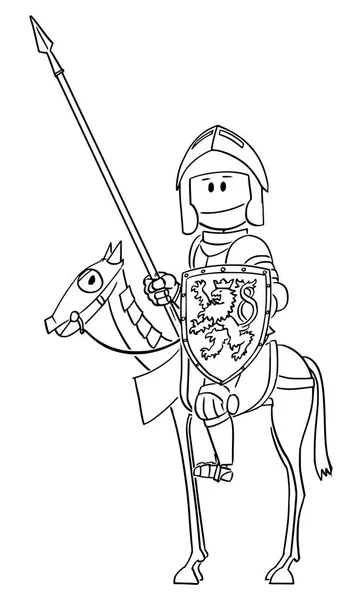 Векторный мультфильм о рыцаре в доспехах и с сидящим на коне или верхом на лошади — стоковый вектор