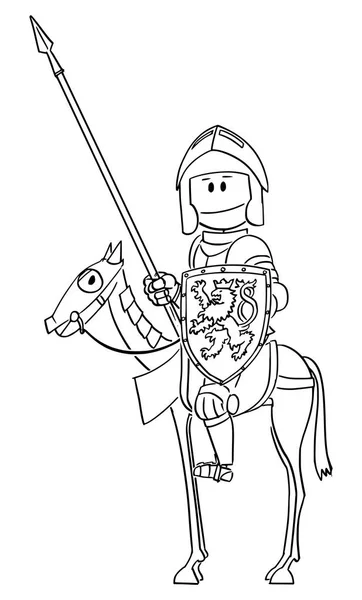 Vector Cartoon of Knight in Armor and with Lance and Shield Sitting or Riding on Horse — Stock Vector