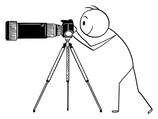 Cartone animato vettoriale dell'uomo o fotografo con fotocamera con zoom grande e lungo o teleobiettivo su treppiede — Vettoriale Stock