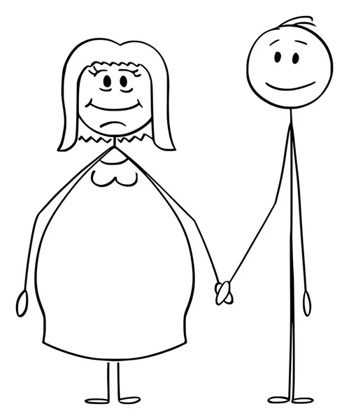 Dibujos animados vectoriales de pareja heterosexual de mujeres obesas o con sobrepeso y manos delgadas que sostienen al hombre — Archivo Imágenes Vectoriales