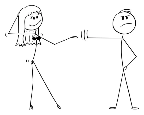Vektor-Karikatur eines prinzipienfesten oder prinzipientreuen Mannes, der eine sexy Frau in Dessous ablehnt, die ihm Geschlechtsverkehr oder Sex anbietet — Stockvektor