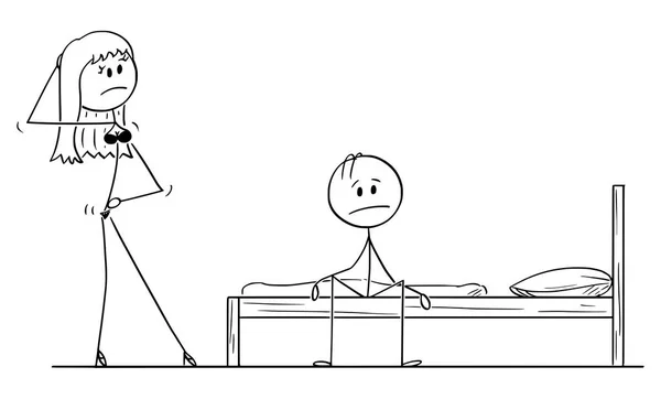 Vektor-Karikatur eines impotenten Mannes, der frustriert auf dem Bett sitzt, während ihm sexy Frau oder seine Frau in Dessous Geschlechtsverkehr oder Sex anbietet — Stockvektor