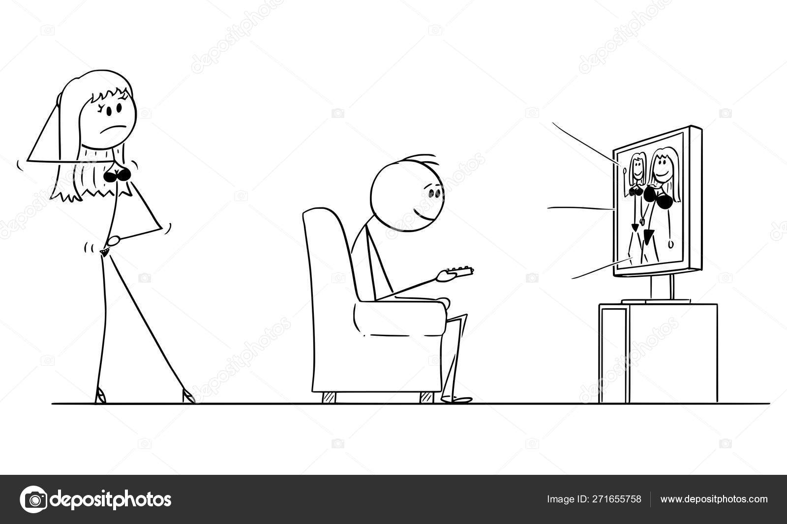 Vector Cartoon of Man Sitting in Armchair and Watching Pornography on TV while Sexy Woman or His Wife in Lingerie is Offering Him Sexual Intercourse or Sex Stock Vector by ©ursus@zdeneksasek 271655758 image photo