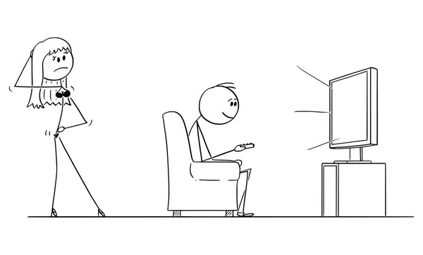 Vector de dibujos animados del hombre sentado en el sillón y viendo la televisión, mientras que la Mujer Sexy o su esposa en lencería le está ofreciendo relaciones sexuales o sexo — Vector de stock