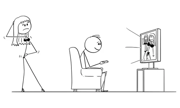 Vektor-Karikatur eines Mannes, der im Sessel sitzt und Pornografie im Fernsehen anschaut, während ihm sexy Frau oder seine Frau in Dessous Geschlechtsverkehr oder Sex anbietet — Stockvektor