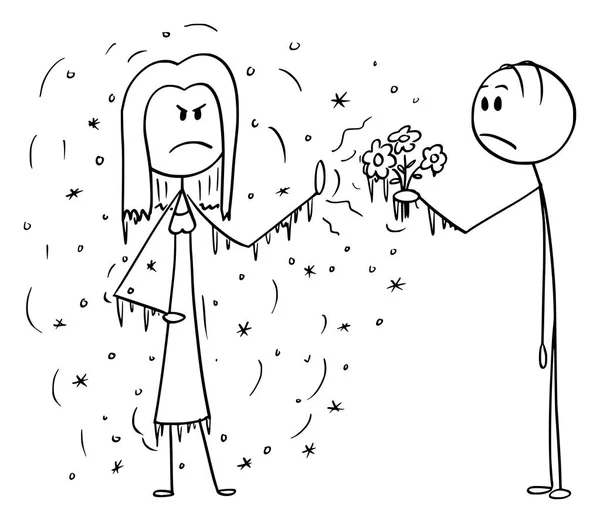 Desenhos animados vetoriais do homem oferecendo flores como presente para a mulher fria e frígida rejeitando —  Vetores de Stock