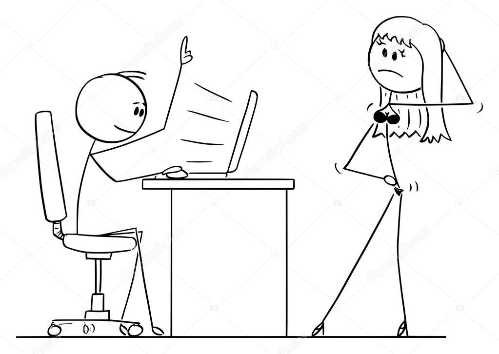 Vector Cartoon of Man Sitting Working on Computer while Sexy Woman or His Wife in Lingerie is Offering Him Sexual Intercourse or Sex