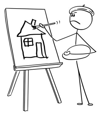 Fırça ile Tuval Üzerinde Man Sanatçı Boyama Amatörce Evi Vektör Karikatür
