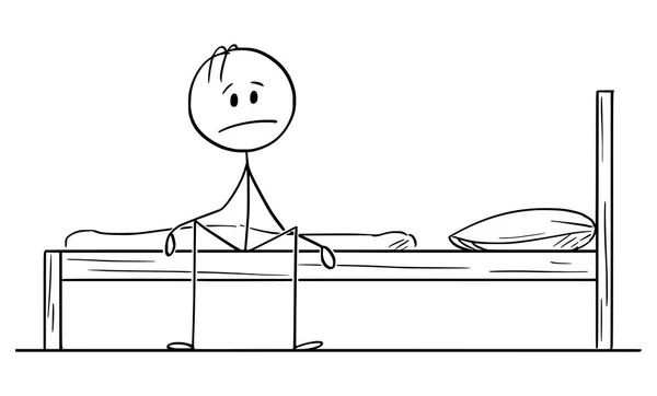 Vektor-Karikatur eines traurigen oder depressiven Mannes, der allein auf dem Bett sitzt und denkt — Stockvektor