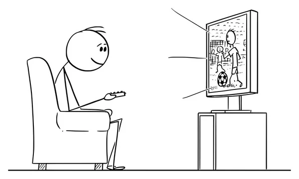Vector Cartoon of Man Sentado em Poltrona e assistindo futebol ou futebol jogo desportivo na TV ou televisão —  Vetores de Stock