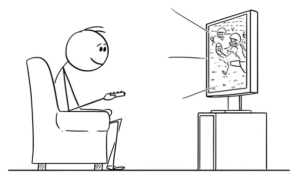 Dessin animé vectoriel de l'homme assis dans un fauteuil et regardant le match de football américain à la télévision ou à la télévision — Image vectorielle