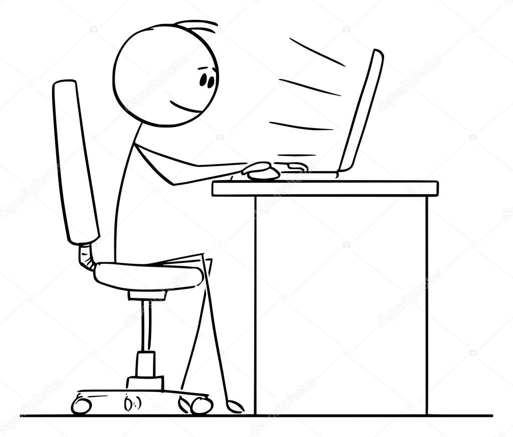 Vector Cartoon of Man or Businessman Working or Typing on Computer