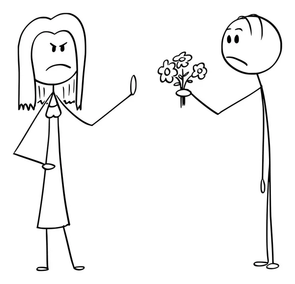 Vektor-Karikatur einer wütenden Frau, die Blumen und Liebeserklärung eines verliebten Mannes ablehnt — Stockvektor