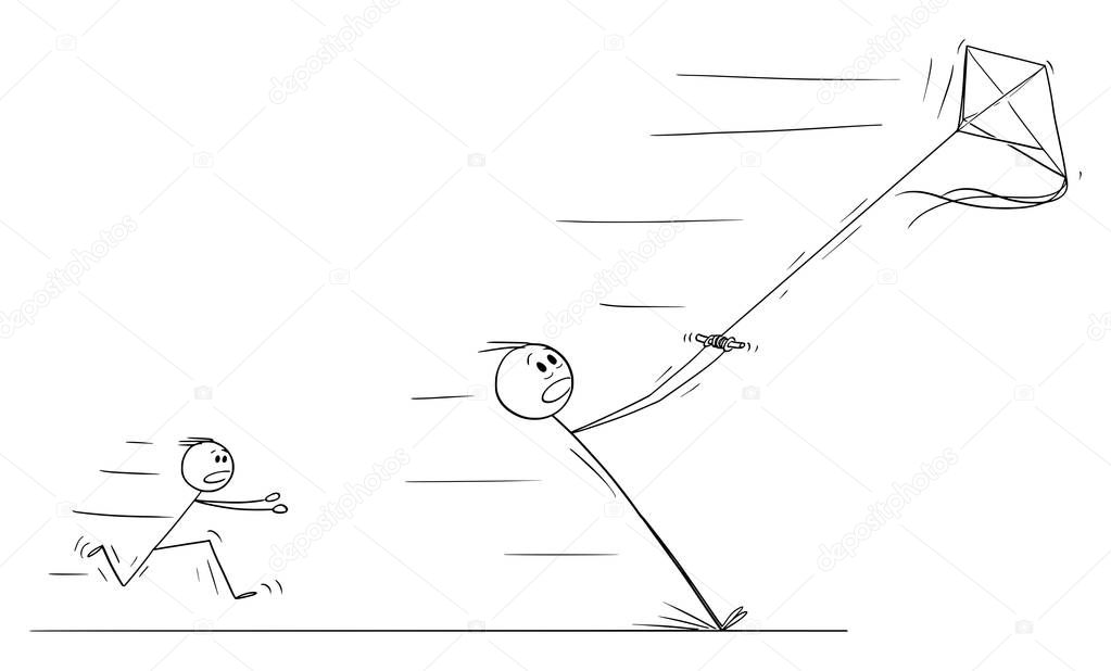 Vector Cartoon of Father Flying Kite and Pulled Away in Strong Wind