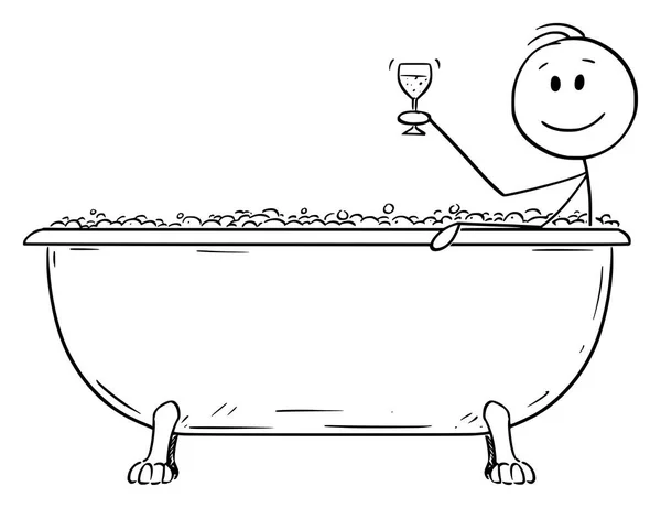 Vector Cartoon of Man Relaxing in Batch Tub with Glass of Wine — Stock Vector