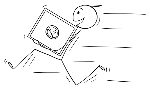Caricatura vectorial del ladrón del hombre o del hombre de negocios que funciona con la bóveda del banco o la caja fuerte — Vector de stock