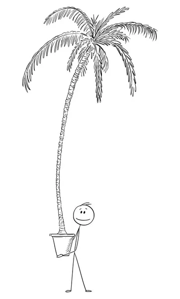 Yüksek Palmiye Ağacı ile Büyük Pot Holding Man Vektör Karikatür — Stok Vektör