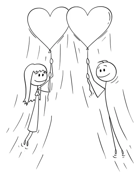 Векторный мультфильм о влюбленной паре мужчины и женщины, держащей в руках веревку большого летающего сердца — стоковый вектор
