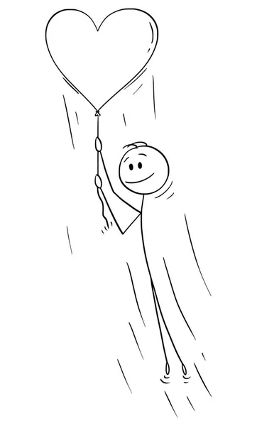 Vector Cartoon of Man in Love Holding Rope of Big Flying Heart Balloon — Stock Vector