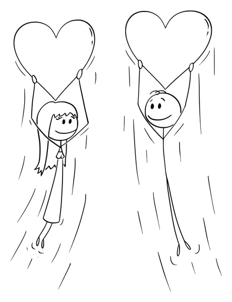 大きな飛ぶ心の風船を持つ愛の男女のカップルのベクトル漫画 — ストックベクタ