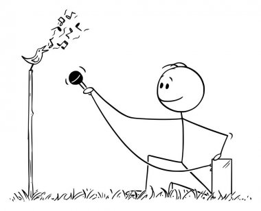 Vektör Karikatür Adam veya Ornitolog Kayıt Kuş Singing veya Mikrofon ile Birdsong